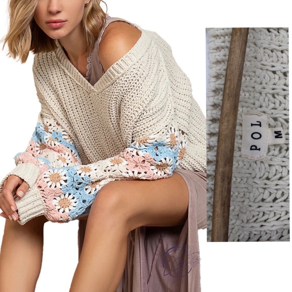 POL Sweaters - POL EUC Beige Chenille Oversized Granny Square Crochet Sleeves Sweater Medium